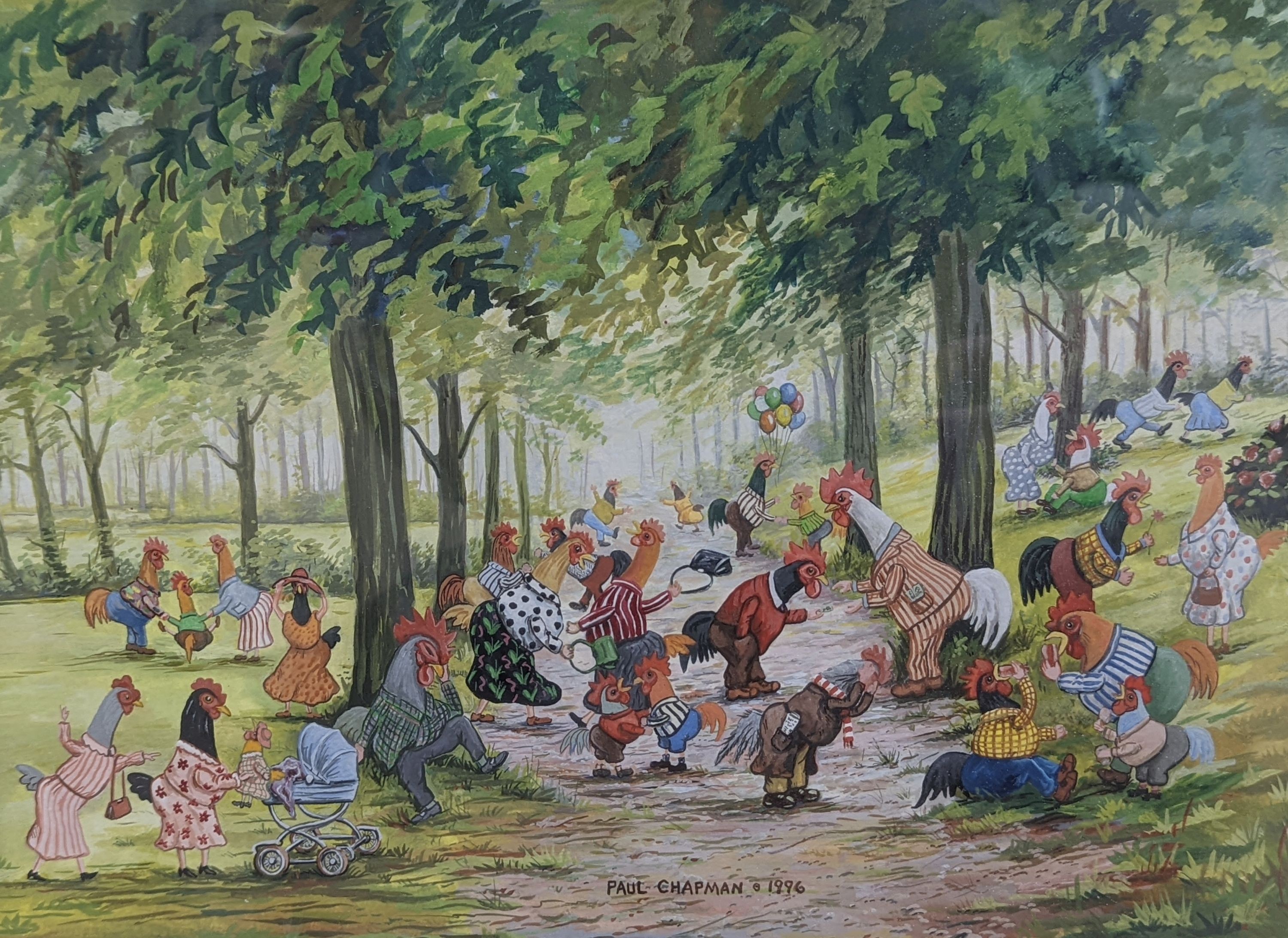 Paul Chapman, gouache, Park scene with chickens, signed and dated 1996. 23x30cm